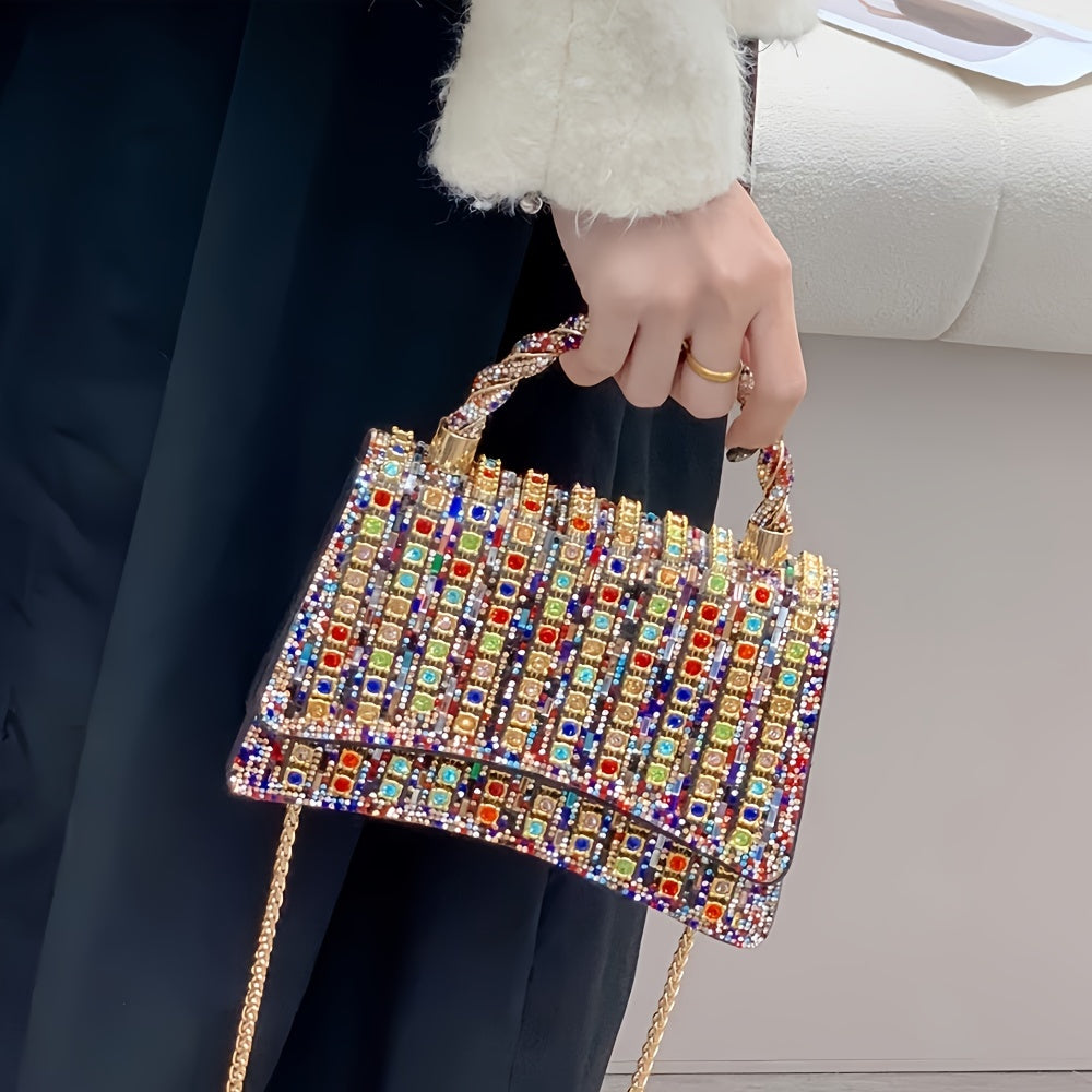 Dazzling Double-Sided Colored Rhinestone Embellished Sparkling Crystal Clutch Bag