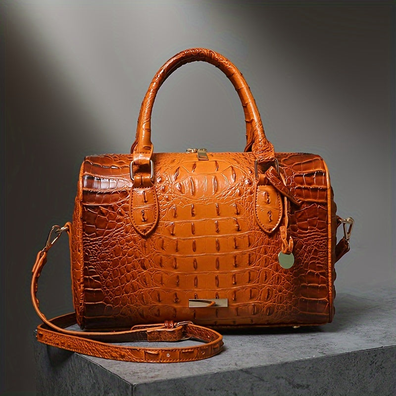 Elegant Crocodile Pattern Boston Bag with Detachable Shoulder Strap – Versatile Crossbody Handbag for Women, Synthetic Leather, Zipper Closure, Khaki, Perfect for Work and Commute, Commuter Bag | Luxury Look Bag | Synthetic Leather Bag, Crossbody Bag