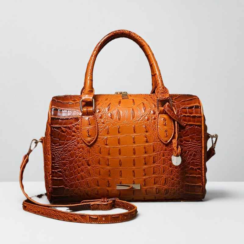 Elegant Crocodile Pattern Boston Bag with Detachable Shoulder Strap – Versatile Crossbody Handbag for Women, Synthetic Leather, Zipper Closure, Khaki, Perfect for Work and Commute, Commuter Bag | Luxury Look Bag | Synthetic Leather Bag, Crossbody Bag