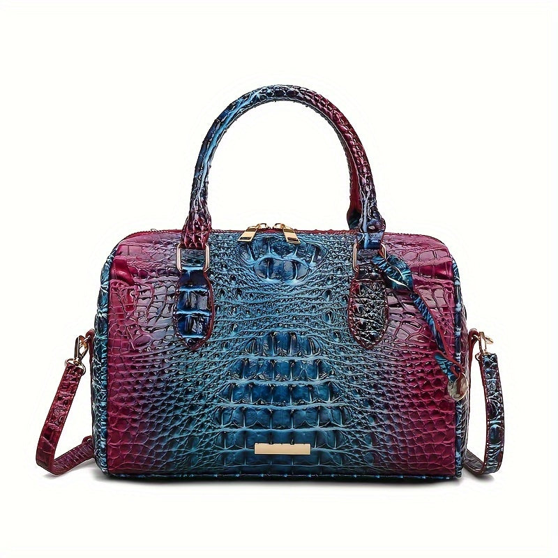 Elegant Crocodile Pattern Boston Bag with Detachable Shoulder Strap – Versatile Crossbody Handbag for Women, Synthetic Leather, Zipper Closure, Khaki, Perfect for Work and Commute, Commuter Bag | Luxury Look Bag | Synthetic Leather Bag, Crossbody Bag