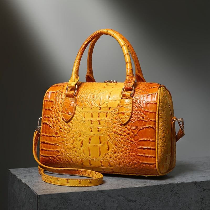 Elegant Crocodile Pattern Boston Bag with Detachable Shoulder Strap – Versatile Crossbody Handbag for Women, Synthetic Leather, Zipper Closure, Khaki, Perfect for Work and Commute, Commuter Bag | Luxury Look Bag | Synthetic Leather Bag, Crossbody Bag