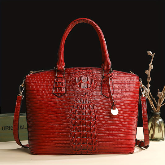 Crocodile Pattern Tote Bag, Trendy Office & Work Double Handle Purse, Elegant Zipper Handbag