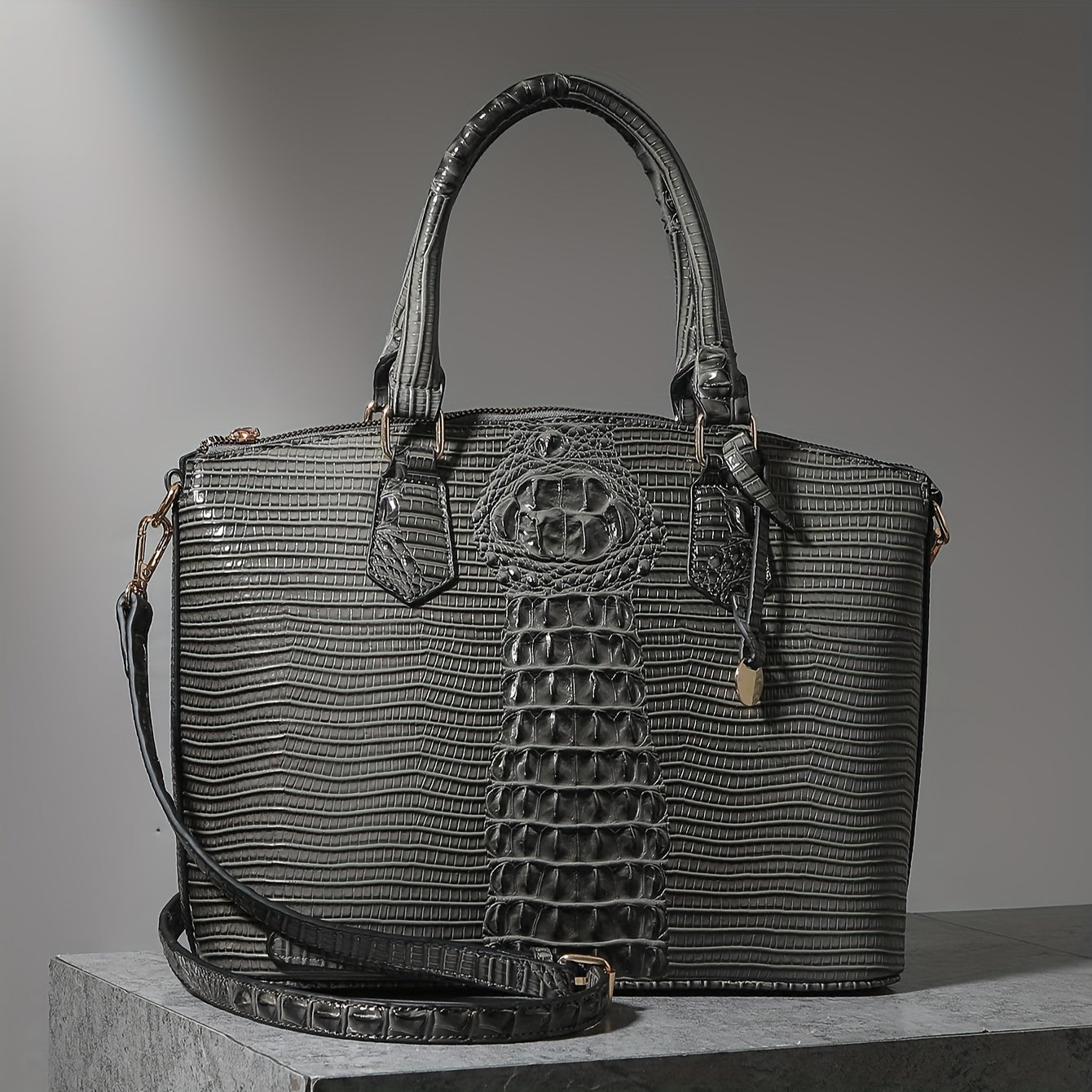 Crocodile Pattern Tote Bag, Trendy Office & Work Double Handle Purse, Elegant Zipper Handbag