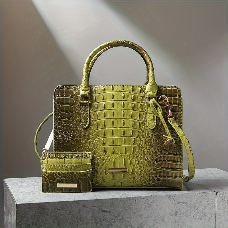 Chic 2pcs Crocodile Pattern Faux Leather Set, Spacious Interior, Trendy Shoulder Strap, Fashionable Clutch Purse, Women's Stylish Accessory For Work, Daily Life, And Special Occasions - Premium Quality, Durable, And Stylish Design