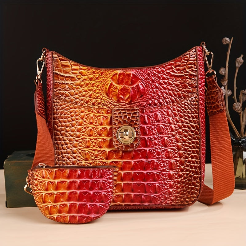[Elegant Crossbody] Elegant Synthetic Leather Crossbody Bag | Crocodile Texture, Gradient Green to Yellow Design, Detachable Strap, Zip Closure, Matching Coin Purse - Perfect for Everyday Use