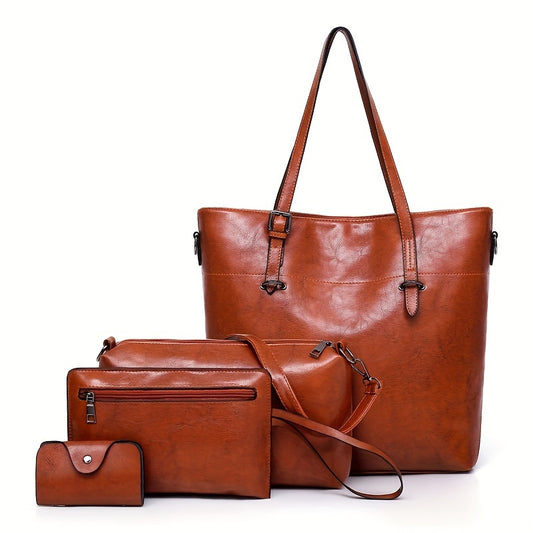 4pcs Retro Women'S Tote Bag, Elegant PU- Crossbody Bag, Handbag, Shoulder Bag, Wallet, Suitable For Shopping And Dating