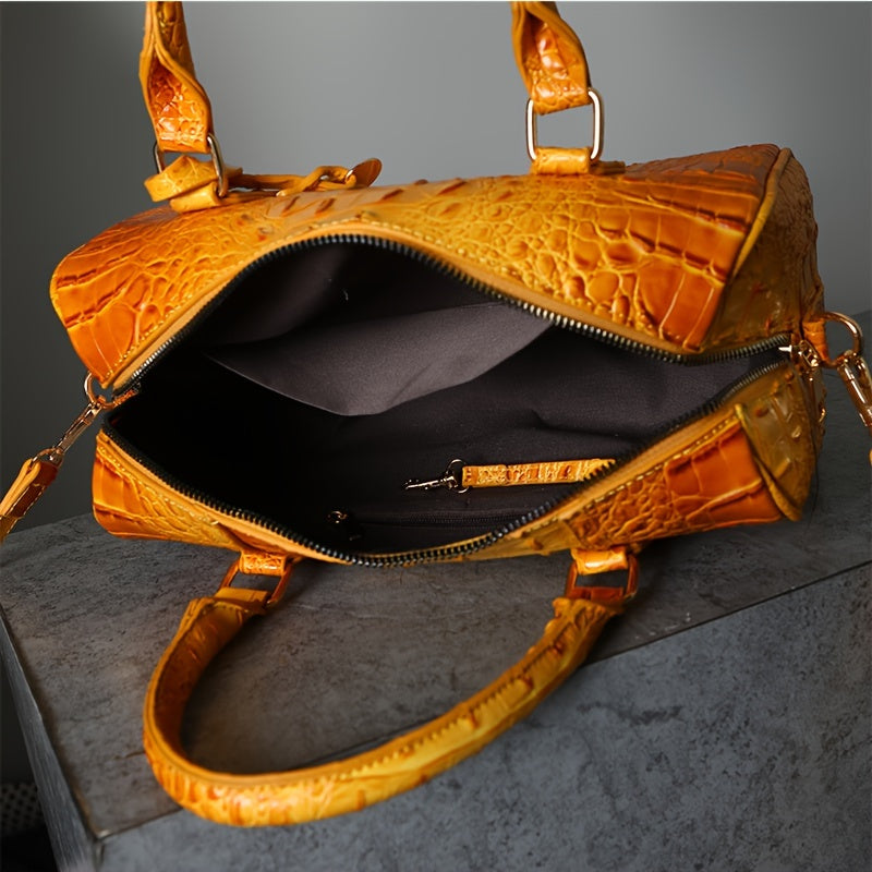 Elegant Crocodile Pattern Boston Bag with Detachable Shoulder Strap – Versatile Crossbody Handbag for Women, Synthetic Leather, Zipper Closure, Khaki, Perfect for Work and Commute, Commuter Bag | Luxury Look Bag | Synthetic Leather Bag, Crossbody Bag