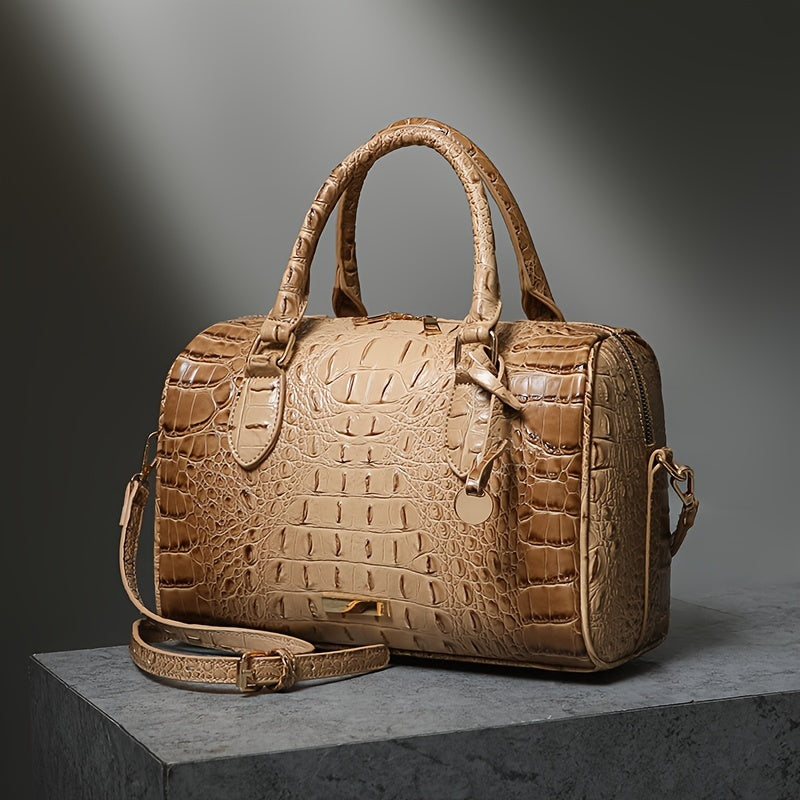 Elegant Crocodile Pattern Boston Bag with Detachable Shoulder Strap – Versatile Crossbody Handbag for Women, Synthetic Leather, Zipper Closure, Khaki, Perfect for Work and Commute, Commuter Bag | Luxury Look Bag | Synthetic Leather Bag, Crossbody Bag