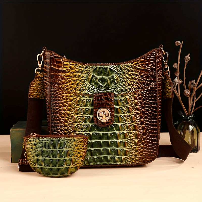 [Elegant Crossbody] Elegant Synthetic Leather Crossbody Bag | Crocodile Texture, Gradient Green to Yellow Design, Detachable Strap, Zip Closure, Matching Coin Purse - Perfect for Everyday Use
