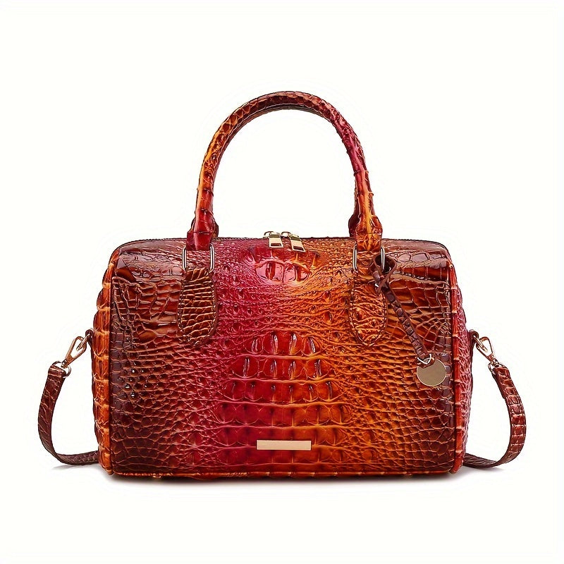 Elegant Crocodile Pattern Boston Bag with Detachable Shoulder Strap – Versatile Crossbody Handbag for Women, Synthetic Leather, Zipper Closure, Khaki, Perfect for Work and Commute, Commuter Bag | Luxury Look Bag | Synthetic Leather Bag, Crossbody Bag