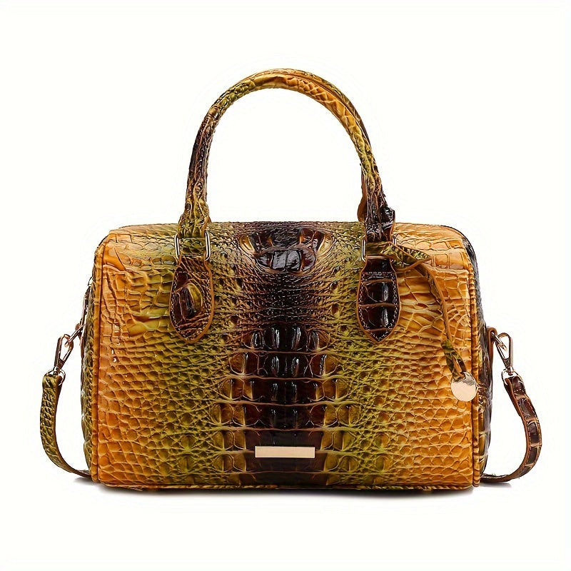 Elegant Crocodile Pattern Boston Bag with Detachable Shoulder Strap – Versatile Crossbody Handbag for Women, Synthetic Leather, Zipper Closure, Khaki, Perfect for Work and Commute, Commuter Bag | Luxury Look Bag | Synthetic Leather Bag, Crossbody Bag