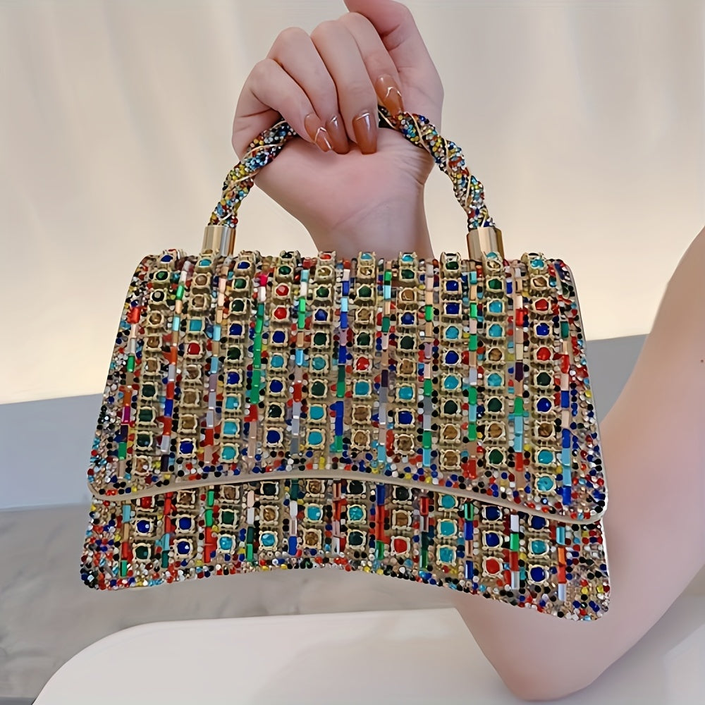 Dazzling Double-Sided Colored Rhinestone Embellished Sparkling Crystal Clutch Bag