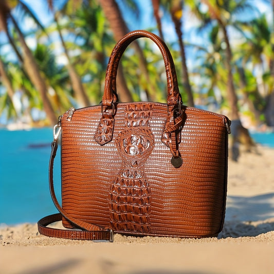 Crocodile Pattern Tote Bag, Trendy Office & Work Double Handle Purse, Elegant Zipper Handbag