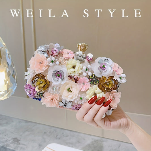 Elegant Floral Evening Clutch Bag with Beaded