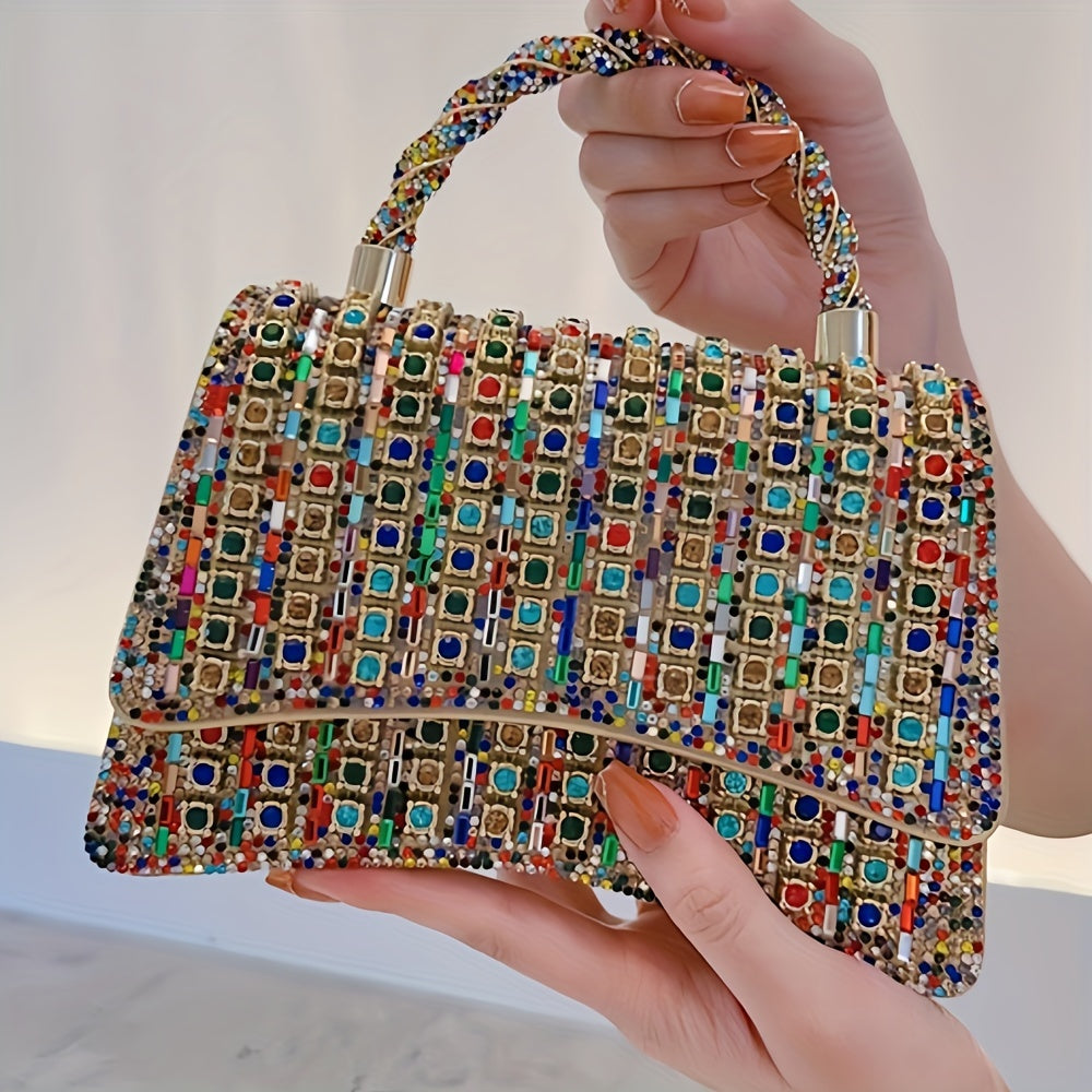 Dazzling Double-Sided Colored Rhinestone Embellished Sparkling Crystal Clutch Bag