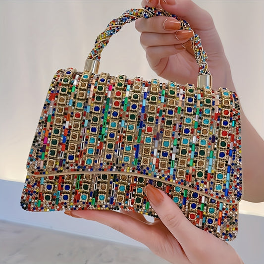 Dazzling Double-Sided Colored Rhinestone Embellished Sparkling Crystal Clutch Bag