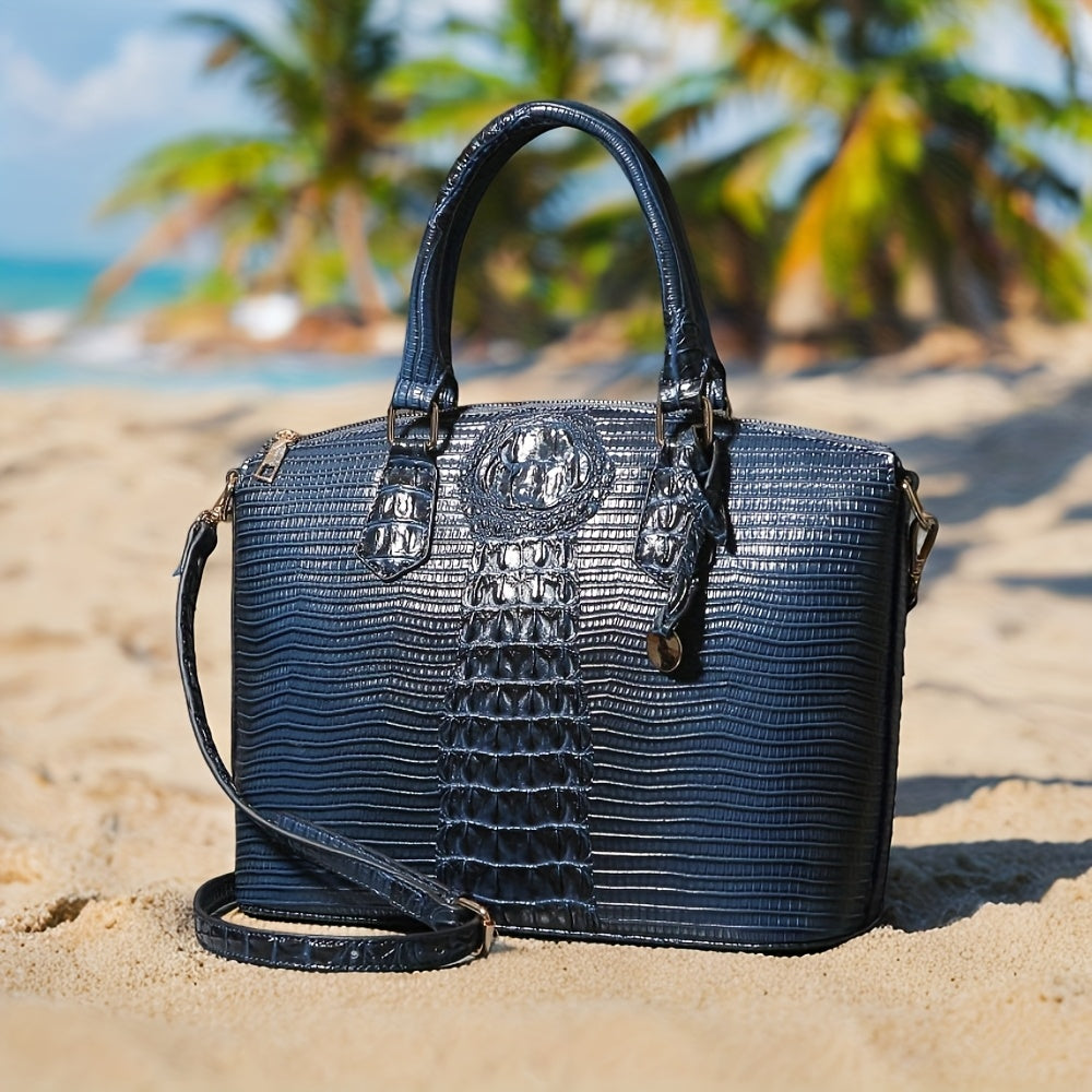 Crocodile Pattern Tote Bag, Trendy Office & Work Double Handle Purse, Elegant Zipper Handbag