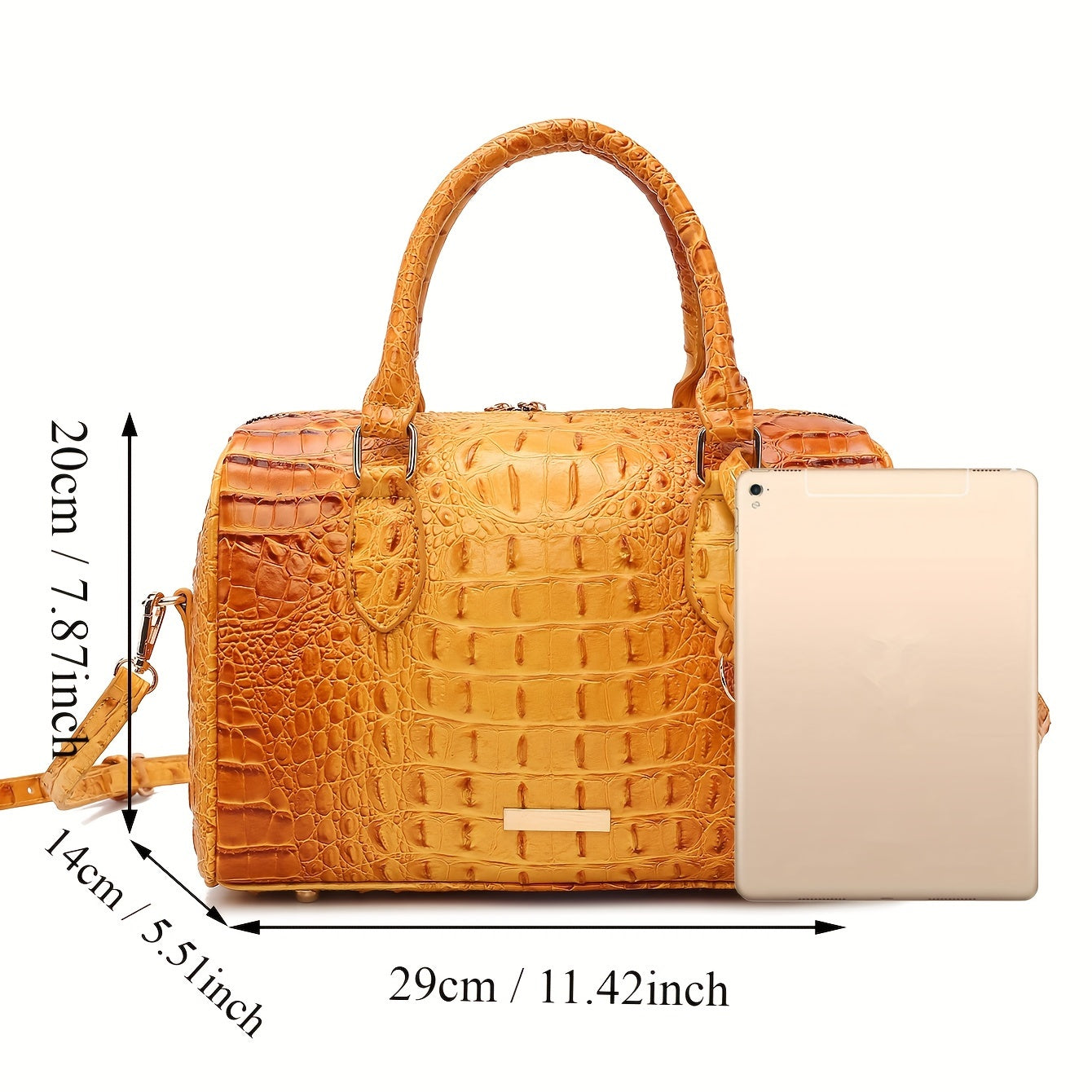 Elegant Crocodile Pattern Boston Bag with Detachable Shoulder Strap – Versatile Crossbody Handbag for Women, Synthetic Leather, Zipper Closure, Khaki, Perfect for Work and Commute, Commuter Bag | Luxury Look Bag | Synthetic Leather Bag, Crossbody Bag