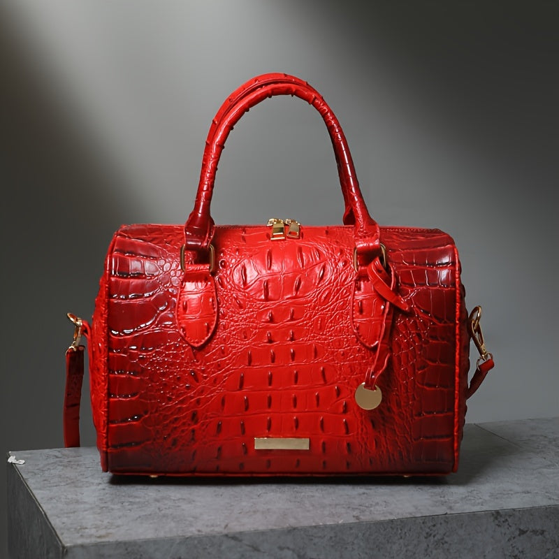 Elegant Crocodile Pattern Boston Bag with Detachable Shoulder Strap – Versatile Crossbody Handbag for Women, Synthetic Leather, Zipper Closure, Khaki, Perfect for Work and Commute, Commuter Bag | Luxury Look Bag | Synthetic Leather Bag, Crossbody Bag
