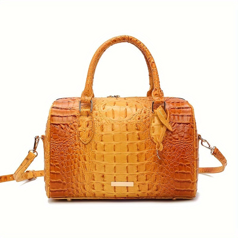 Elegant Crocodile Pattern Boston Bag with Detachable Shoulder Strap – Versatile Crossbody Handbag for Women, Synthetic Leather, Zipper Closure, Khaki, Perfect for Work and Commute, Commuter Bag | Luxury Look Bag | Synthetic Leather Bag, Crossbody Bag