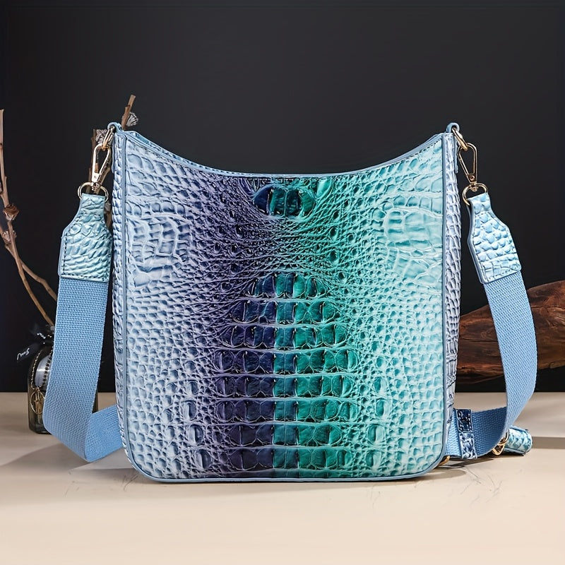 [Elegant Crossbody] Elegant Synthetic Leather Crossbody Bag | Crocodile Texture, Gradient Green to Yellow Design, Detachable Strap, Zip Closure, Matching Coin Purse - Perfect for Everyday Use