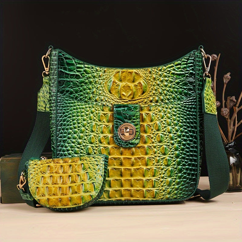 [Elegant Crossbody] Elegant Synthetic Leather Crossbody Bag | Crocodile Texture, Gradient Green to Yellow Design, Detachable Strap, Zip Closure, Matching Coin Purse - Perfect for Everyday Use