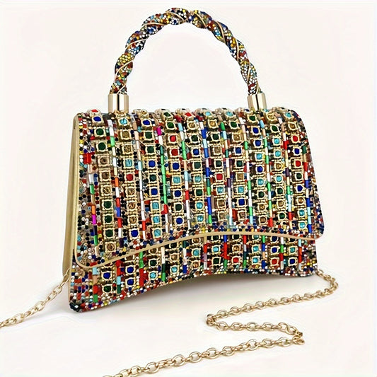 Dazzling Double-Sided Colored Rhinestone Embellished Sparkling Crystal Clutch Bag