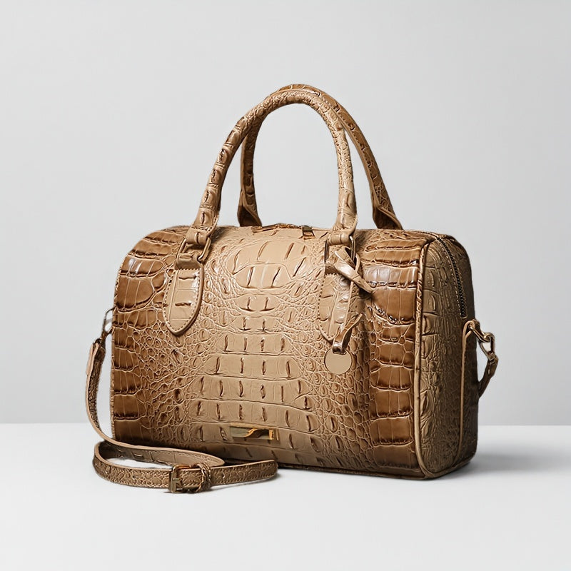 Elegant Crocodile Pattern Boston Bag with Detachable Shoulder Strap – Versatile Crossbody Handbag for Women, Synthetic Leather, Zipper Closure, Khaki, Perfect for Work and Commute, Commuter Bag | Luxury Look Bag | Synthetic Leather Bag, Crossbody Bag