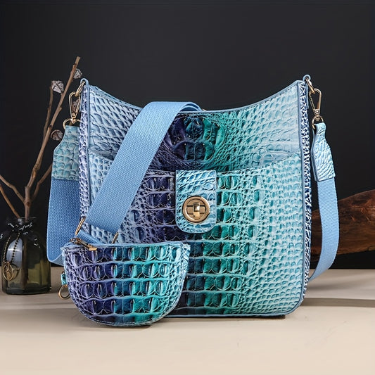 [Elegant Crossbody] Elegant Synthetic Leather Crossbody Bag | Crocodile Texture, Gradient Green to Yellow Design, Detachable Strap, Zip Closure, Matching Coin Purse - Perfect for Everyday Use