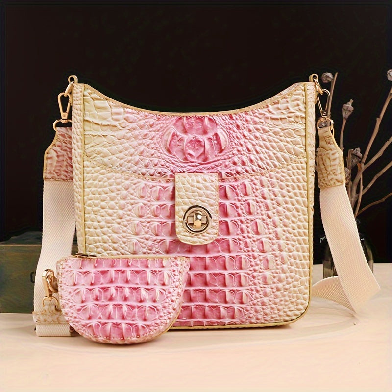 [Elegant Crossbody] Elegant Synthetic Leather Crossbody Bag | Crocodile Texture, Gradient Green to Yellow Design, Detachable Strap, Zip Closure, Matching Coin Purse - Perfect for Everyday Use