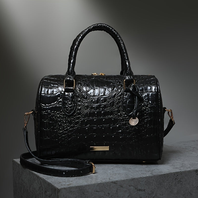Elegant Crocodile Pattern Boston Bag with Detachable Shoulder Strap – Versatile Crossbody Handbag for Women, Synthetic Leather, Zipper Closure, Khaki, Perfect for Work and Commute, Commuter Bag | Luxury Look Bag | Synthetic Leather Bag, Crossbody Bag