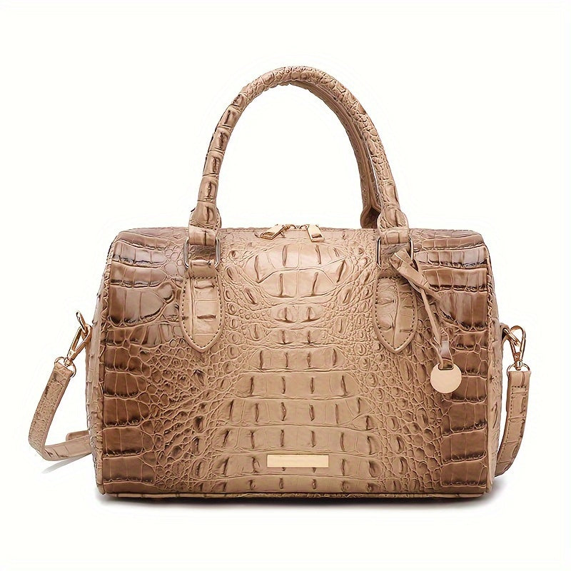 Elegant Crocodile Pattern Boston Bag with Detachable Shoulder Strap – Versatile Crossbody Handbag for Women, Synthetic Leather, Zipper Closure, Khaki, Perfect for Work and Commute, Commuter Bag | Luxury Look Bag | Synthetic Leather Bag, Crossbody Bag