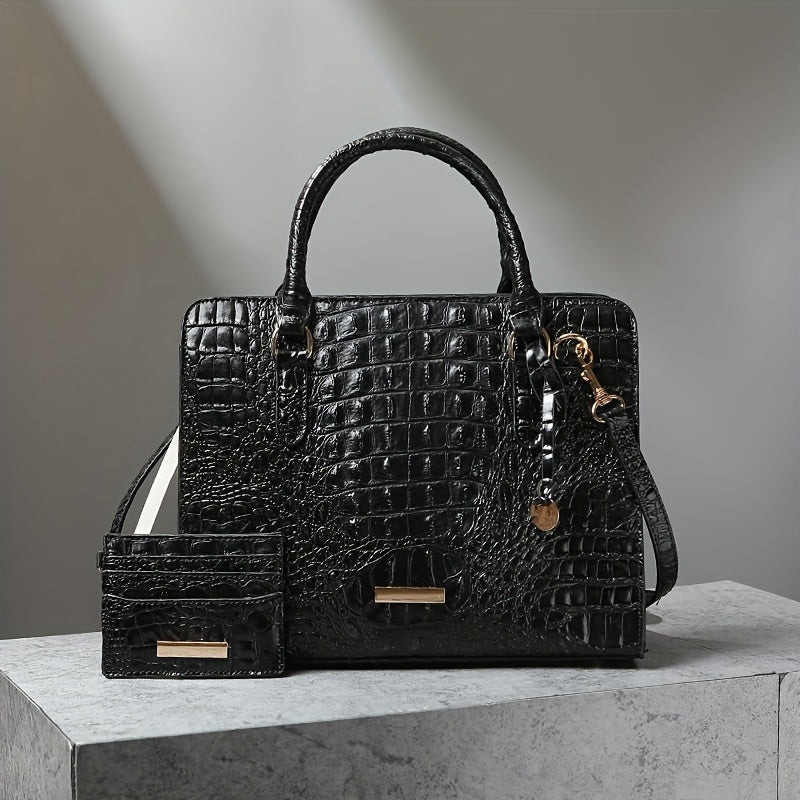 Chic 2pcs Crocodile Pattern Faux Leather Set, Spacious Interior, Trendy Shoulder Strap, Fashionable Clutch Purse, Women's Stylish Accessory For Work, Daily Life, And Special Occasions - Premium Quality, Durable, And Stylish Design