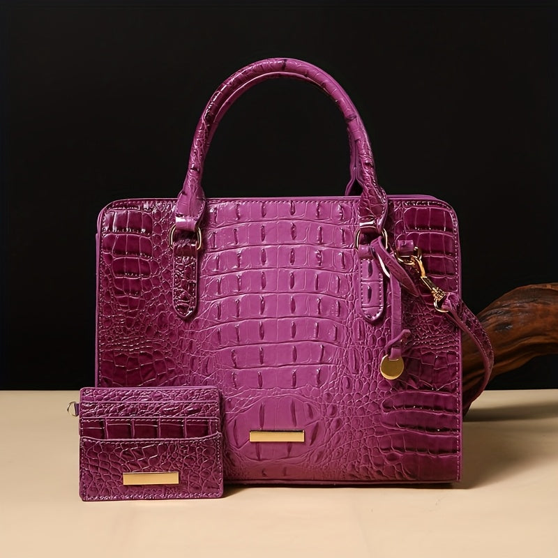Chic 2pcs Crocodile Pattern Faux Leather Set, Spacious Interior, Trendy Shoulder Strap, Fashionable Clutch Purse, Women's Stylish Accessory For Work, Daily Life, And Special Occasions - Premium Quality, Durable, And Stylish Design