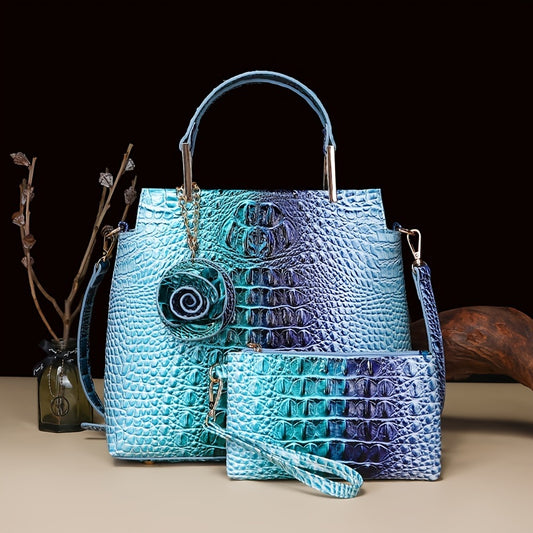 2pcs Women'S Crocodile Pattern Handbag Set, Faux Leather Tote, Clutch & Wallet, Animal Print, Zipper Closure, Polyester Lined, with Removable Strap, for Baigou Crafted