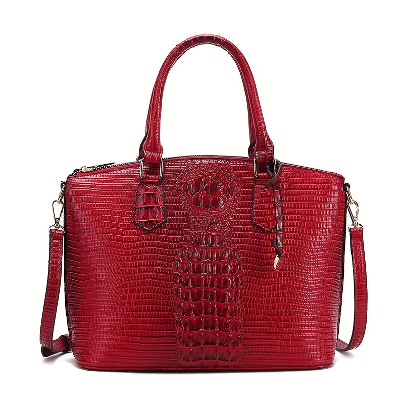 Crocodile Pattern Tote Bag, Trendy Office & Work Double Handle Purse, Elegant Zipper Handbag