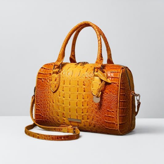 Elegant Crocodile Pattern Boston Bag with Detachable Shoulder Strap – Versatile Crossbody Handbag for Women, Synthetic Leather, Zipper Closure, Khaki, Perfect for Work and Commute, Commuter Bag | Luxury Look Bag | Synthetic Leather Bag, Crossbody Bag