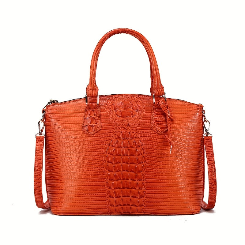 Crocodile Pattern Tote Bag, Trendy Office & Work Double Handle Purse, Elegant Zipper Handbag