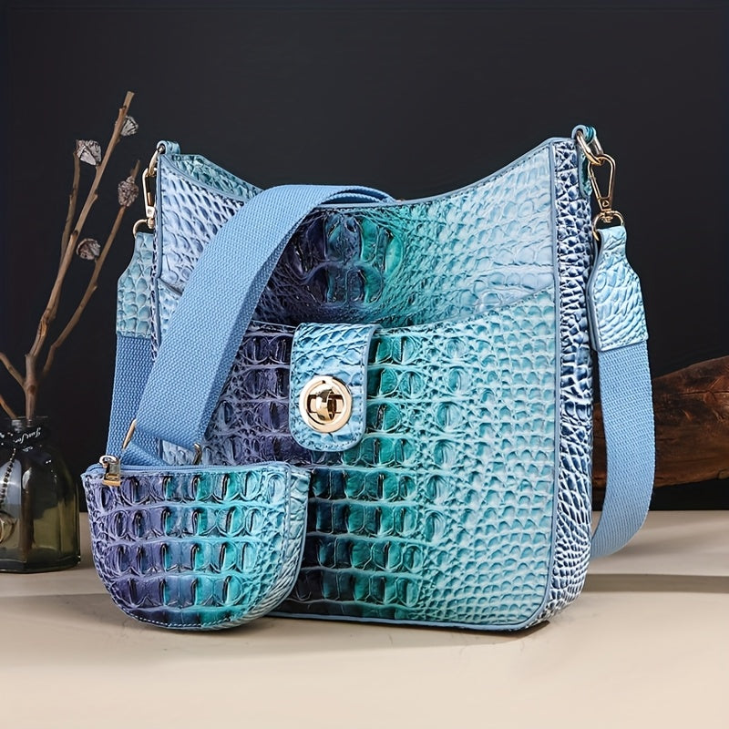 [Elegant Crossbody] Elegant Synthetic Leather Crossbody Bag | Crocodile Texture, Gradient Green to Yellow Design, Detachable Strap, Zip Closure, Matching Coin Purse - Perfect for Everyday Use