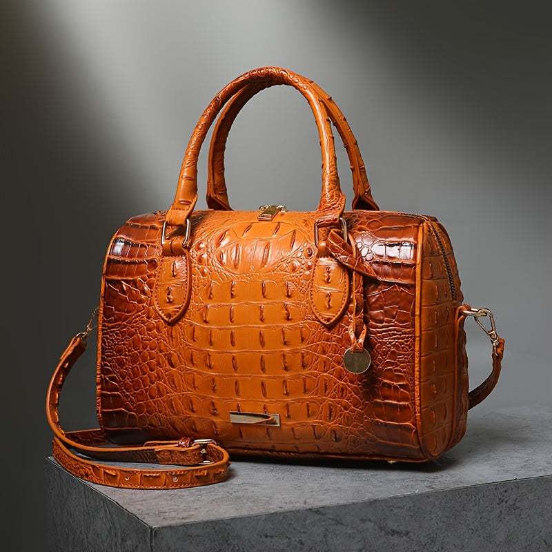 Elegant Crocodile Pattern Boston Bag with Detachable Shoulder Strap – Versatile Crossbody Handbag for Women, Synthetic Leather, Zipper Closure, Khaki, Perfect for Work and Commute, Commuter Bag | Luxury Look Bag | Synthetic Leather Bag, Crossbody Bag