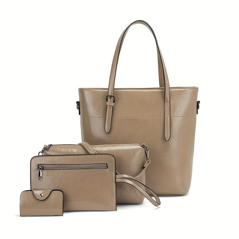 4pcs Retro Women'S Tote Bag, Elegant PU- Crossbody Bag, Handbag, Shoulder Bag, Wallet, Suitable For Shopping And Dating