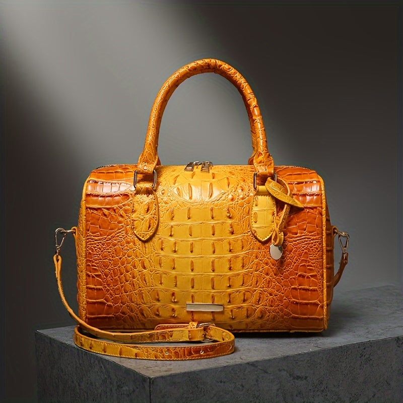 Elegant Crocodile Pattern Boston Bag with Detachable Shoulder Strap – Versatile Crossbody Handbag for Women, Synthetic Leather, Zipper Closure, Khaki, Perfect for Work and Commute, Commuter Bag | Luxury Look Bag | Synthetic Leather Bag, Crossbody Bag