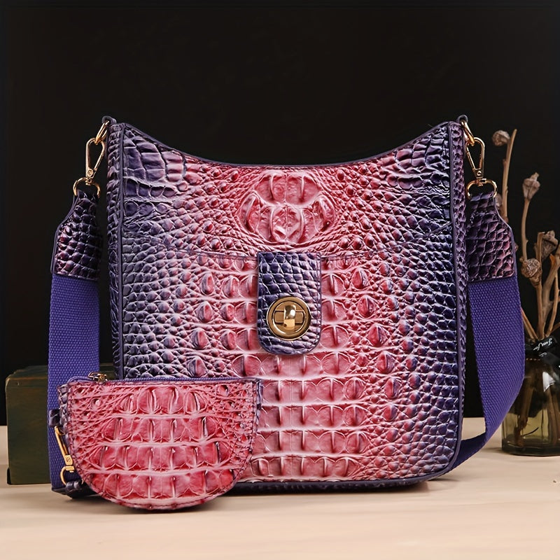 [Elegant Crossbody] Elegant Synthetic Leather Crossbody Bag | Crocodile Texture, Gradient Green to Yellow Design, Detachable Strap, Zip Closure, Matching Coin Purse - Perfect for Everyday Use