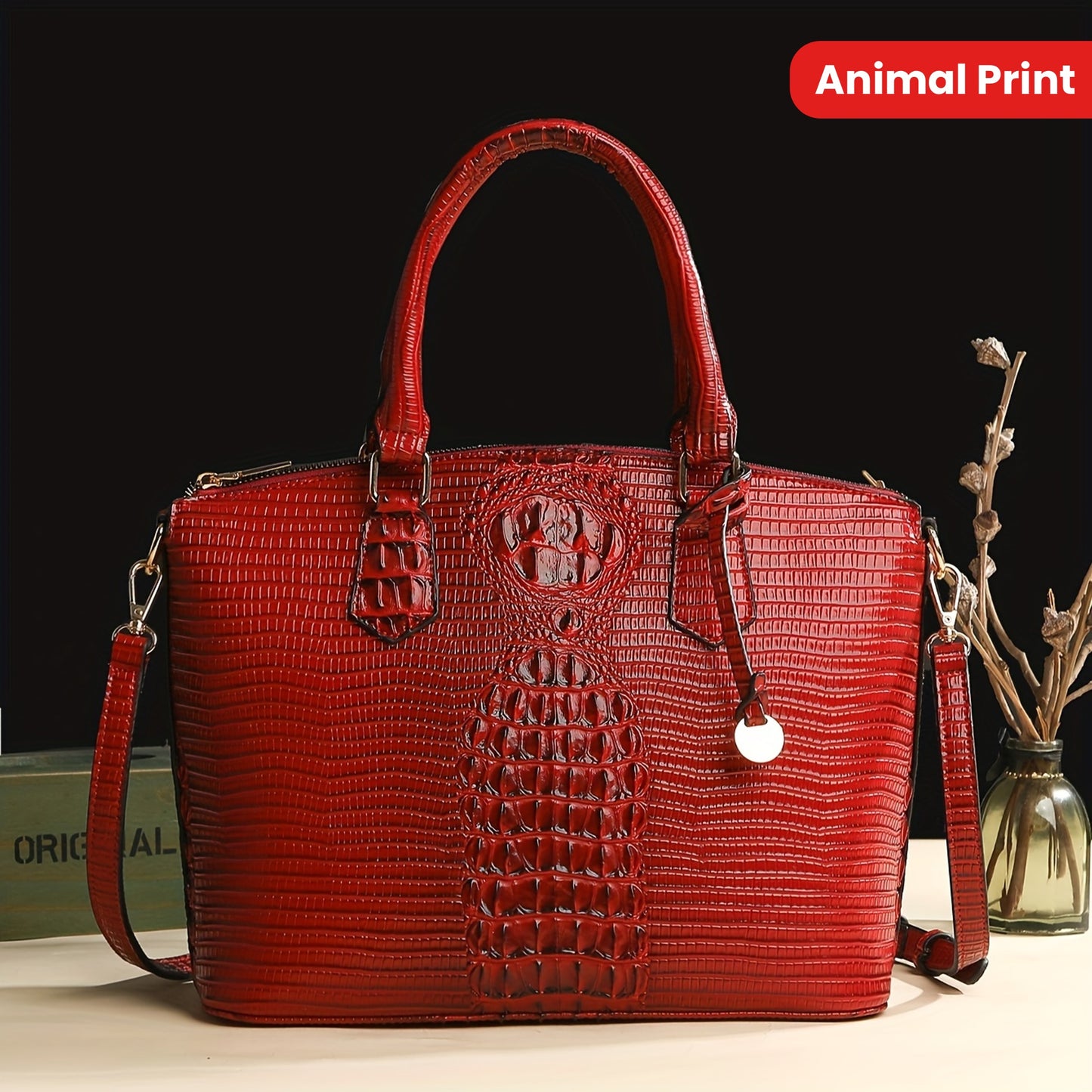 Crocodile Pattern Tote Bag, Trendy Office & Work Double Handle Purse, Elegant Zipper Handbag