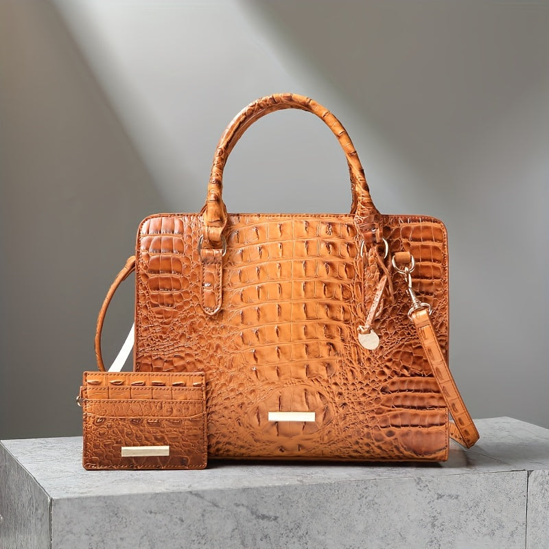 Chic 2pcs Crocodile Pattern Faux Leather Set, Spacious Interior, Trendy Shoulder Strap, Fashionable Clutch Purse, Women's Stylish Accessory For Work, Daily Life, And Special Occasions - Premium Quality, Durable, And Stylish Design