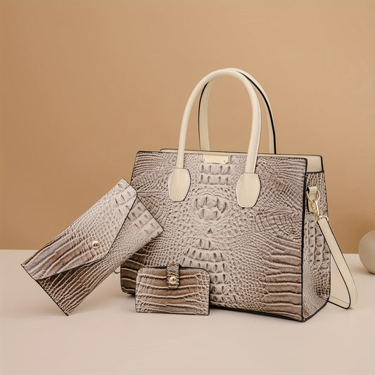 [3Pcs Large Capacity Tote Bag] 3Pcs/ Set Crocodile Print Tote Bag - Large Capacity, Women's Fashion Handbag, Shoulder Bag and Purse