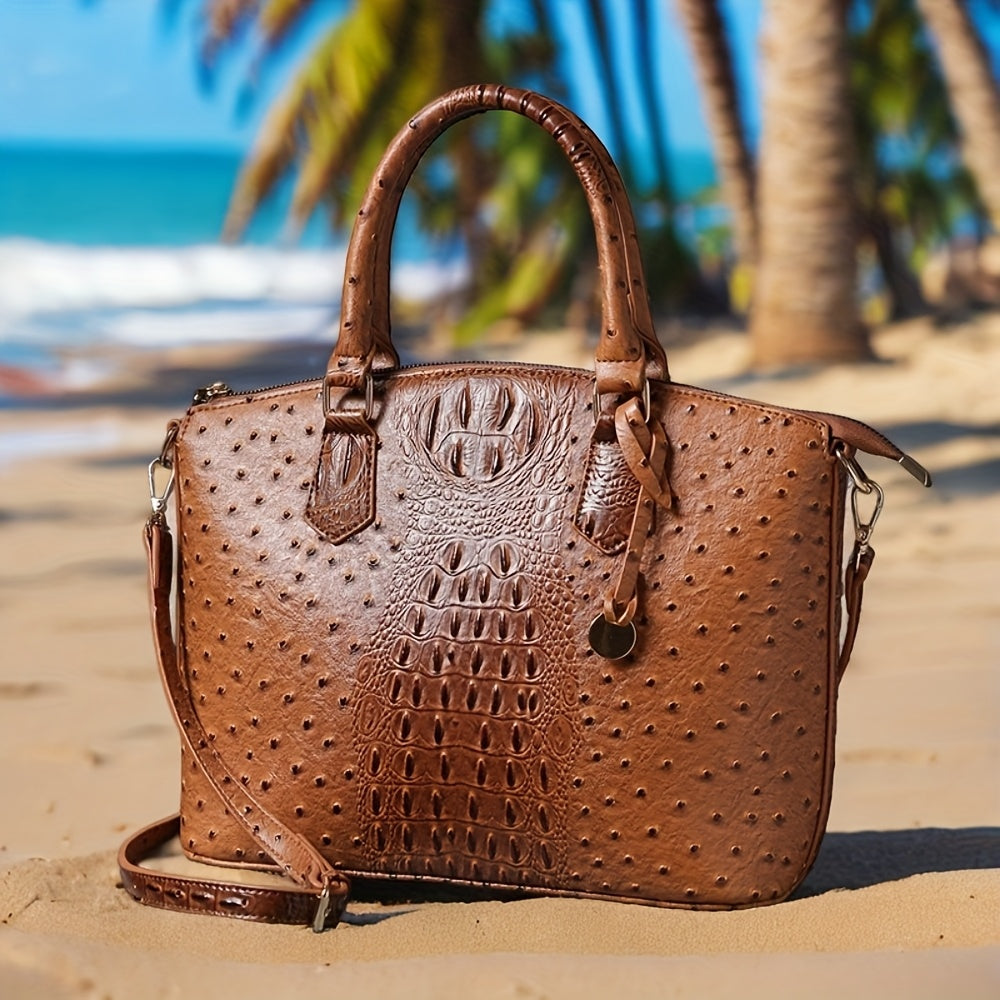 Crocodile Pattern Tote Bag, Trendy Office & Work Double Handle Purse, Elegant Zipper Handbag